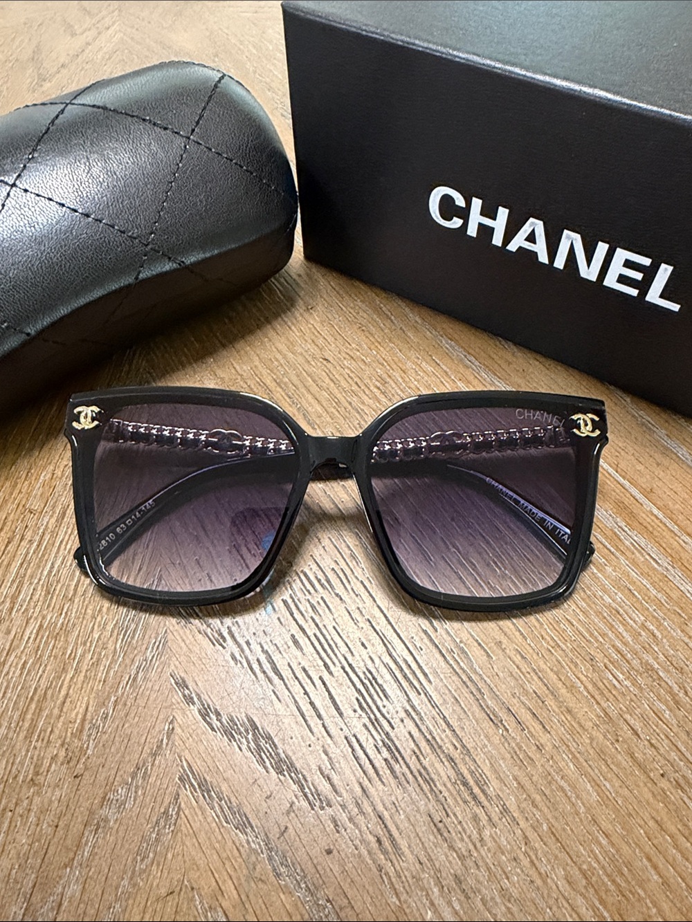 CHANEL Black & Gold leather Square Sunglasses with Gradient Lenses